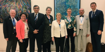 Pictured: Dr Anne Kihara, Prof. Bathla, Professor CN Purandare, Dr Tedros, Professor Seija Grenman, Dr Flavia Bustreo at World Health Assembly, May 2018.