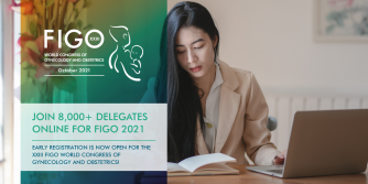 Official banner for the FIGO 2021 Congress announcing that registrations are open. The photo shows a young Asian woman sitting in front of a computer while focusing on a notebook next to her.