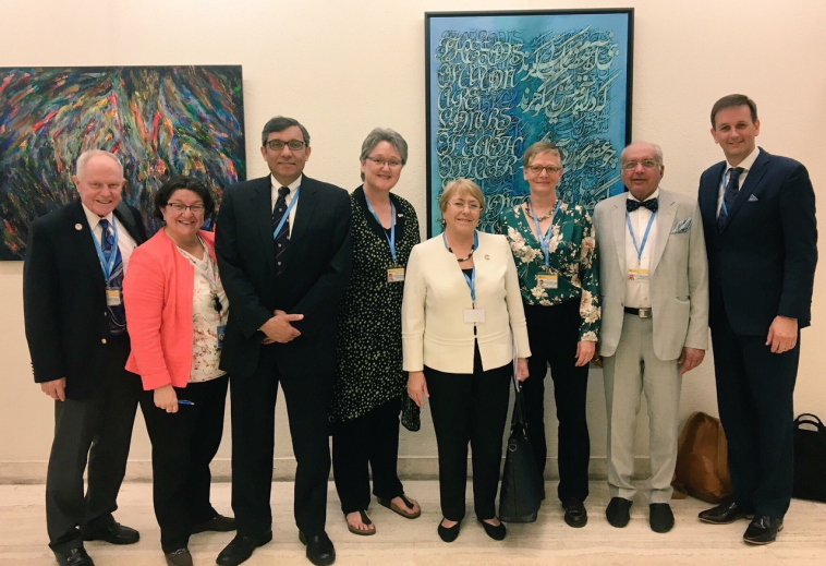 Pictured: Dr Anne Kihara, Prof. Bathla, Professor CN Purandare, Dr Tedros, Professor Seija Grenman, Dr Flavia Bustreo at World Health Assembly, May 2018.
