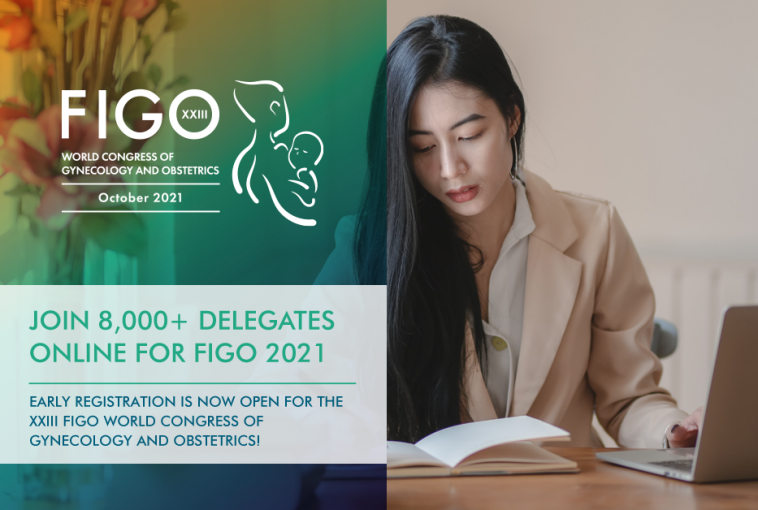 Official banner for the FIGO 2021 Congress announcing that registrations are open. The photo shows a young Asian woman sitting in front of a computer while focusing on a notebook next to her.